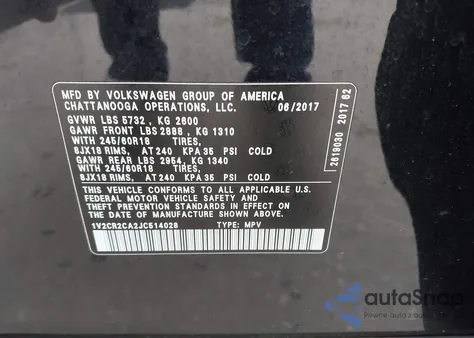 2018 Volkswagen Atlas 3.6L V6 Se from USA, damaged, VIN 1V2CR2CA2JC514028